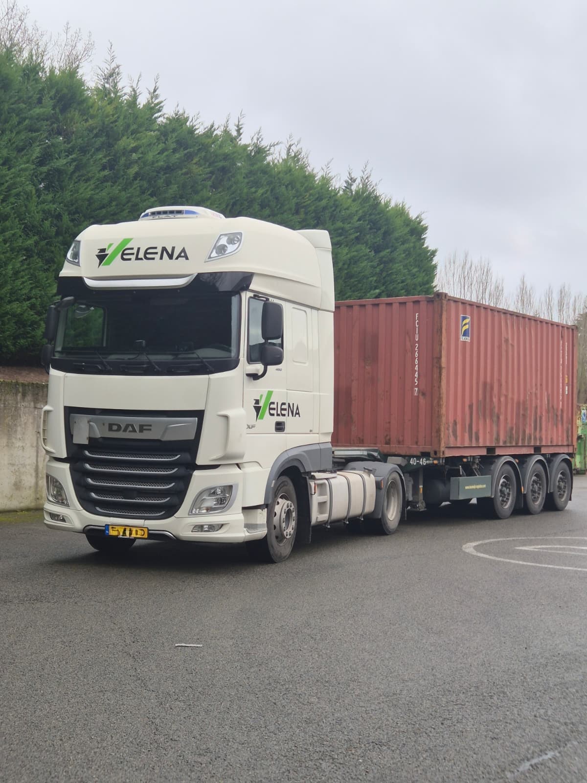 White DAF semi-truck with ELENA branding hauling a red shipping container past green trees.